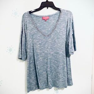 Jennifer Lopez cold shoulder, cutout sleeve top with bling neckline!